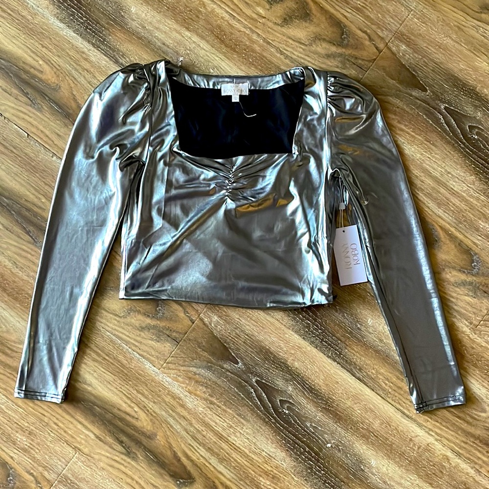 Torn by Ronny Kobo Selina Metallic Long Sleeve Crop Top in Silver NWT